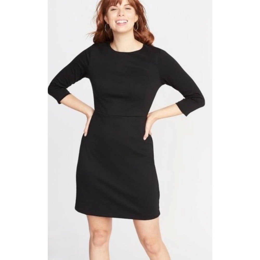 Old Navy Womens Black Ponte Knit Sheath Dress 3/4 Sleeve Crew Neck Size M NEW